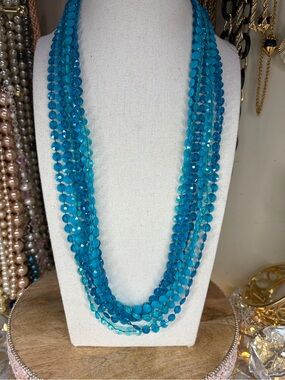 Vintage 50 Inch Blue Necklace Multi Strand Jewelry Long Beaded